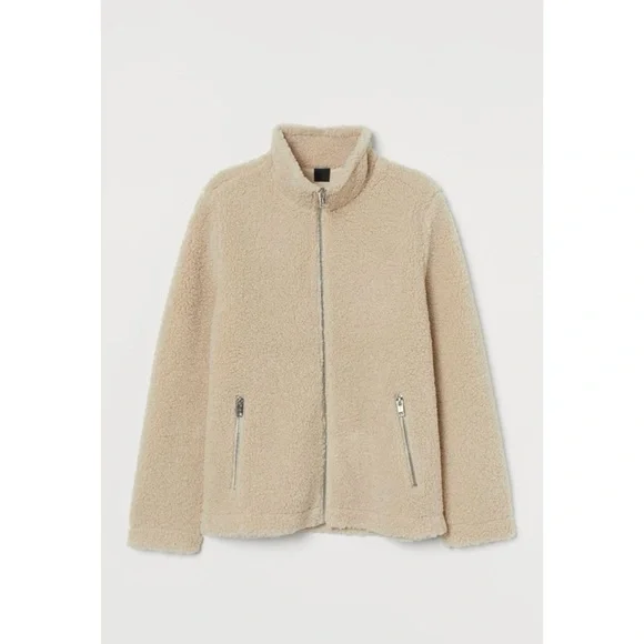 H&M Faux Shearling Jacket Teddy Coat Beige Cream Cozy Warm Fall Full zip ivory - Picture 1 of 9